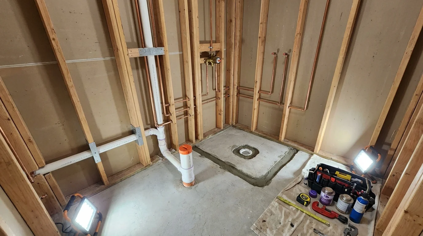 Bathroom rough-in plumbing during remodel by Johns Plumbing LLC in Orangeburg