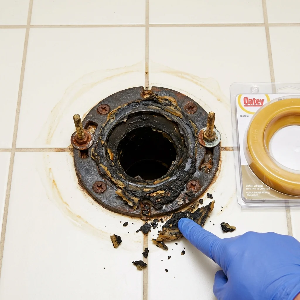 Failed wax ring showing water seepage at the base of a toilet in a Orangeburg, NY home