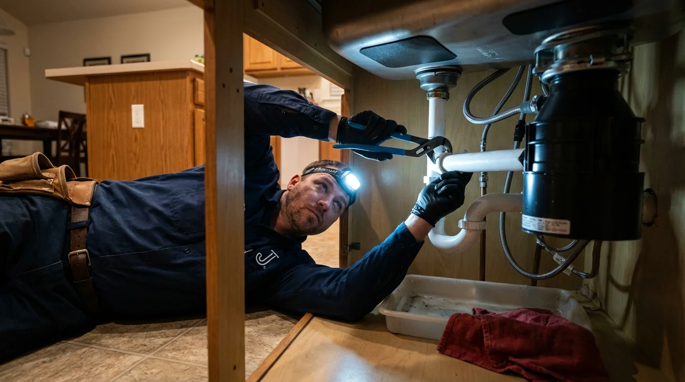 P-trap and supply line connections under a kitchen sink showing a common leak point in Orangeburg, NY
